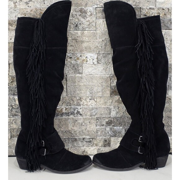 Naughty Monkey Suede Boots Over the Knee Fringe Black Boho Biker Western 8.5 - Picture 11 of 16